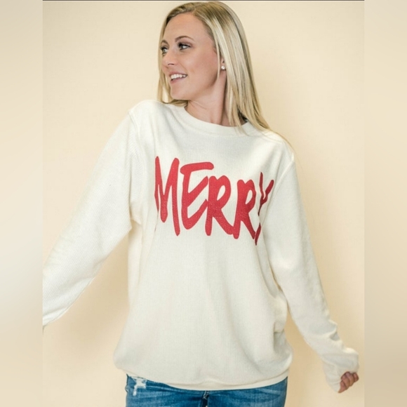 "Merry" cream corded Christmas top sz 2XL - Picture 2 of 6